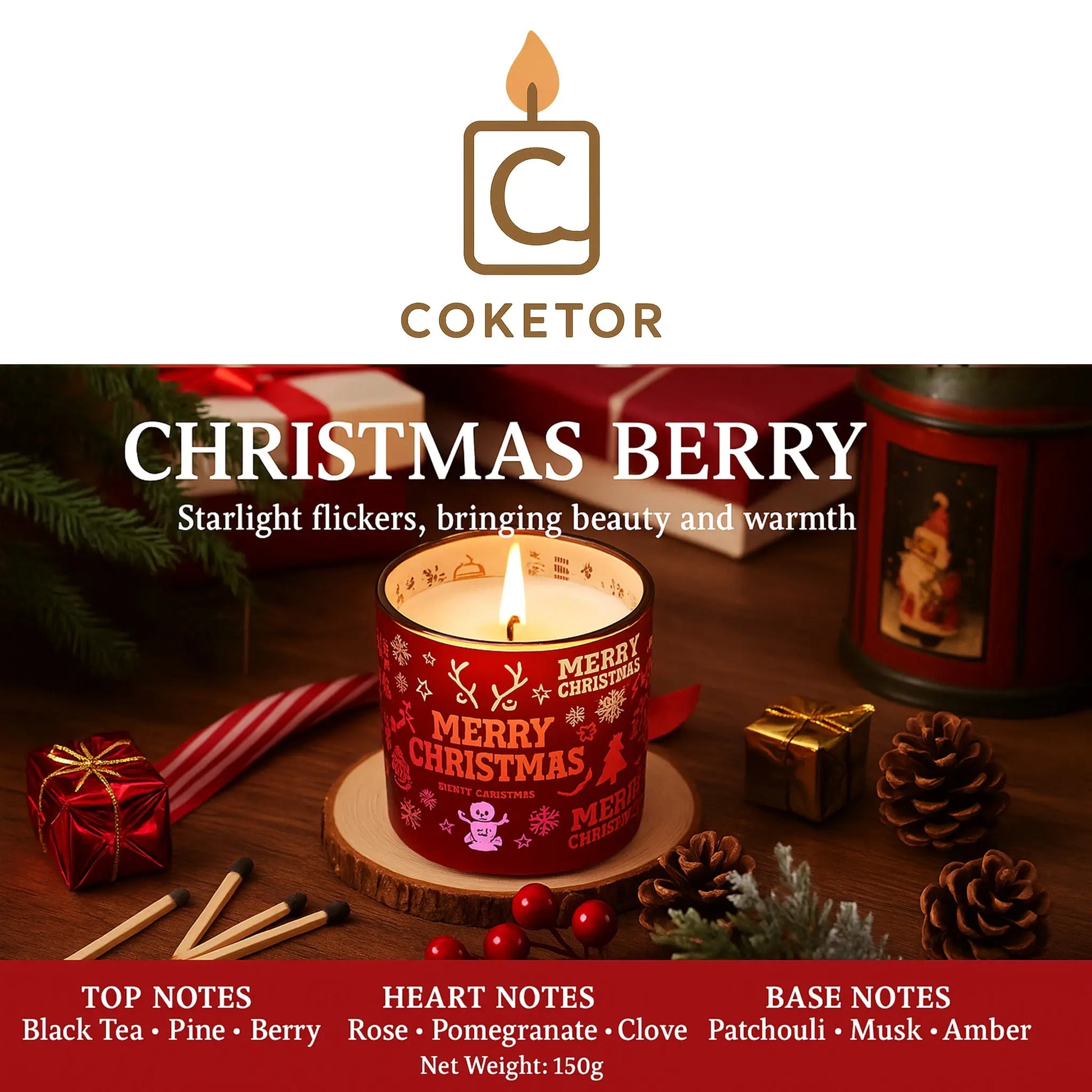 Coketor Christmas Limited Edition Aromatherapy Candles - Christmas Berry & Sweet Cream Berry Holiday Gift Set 150g Coketor