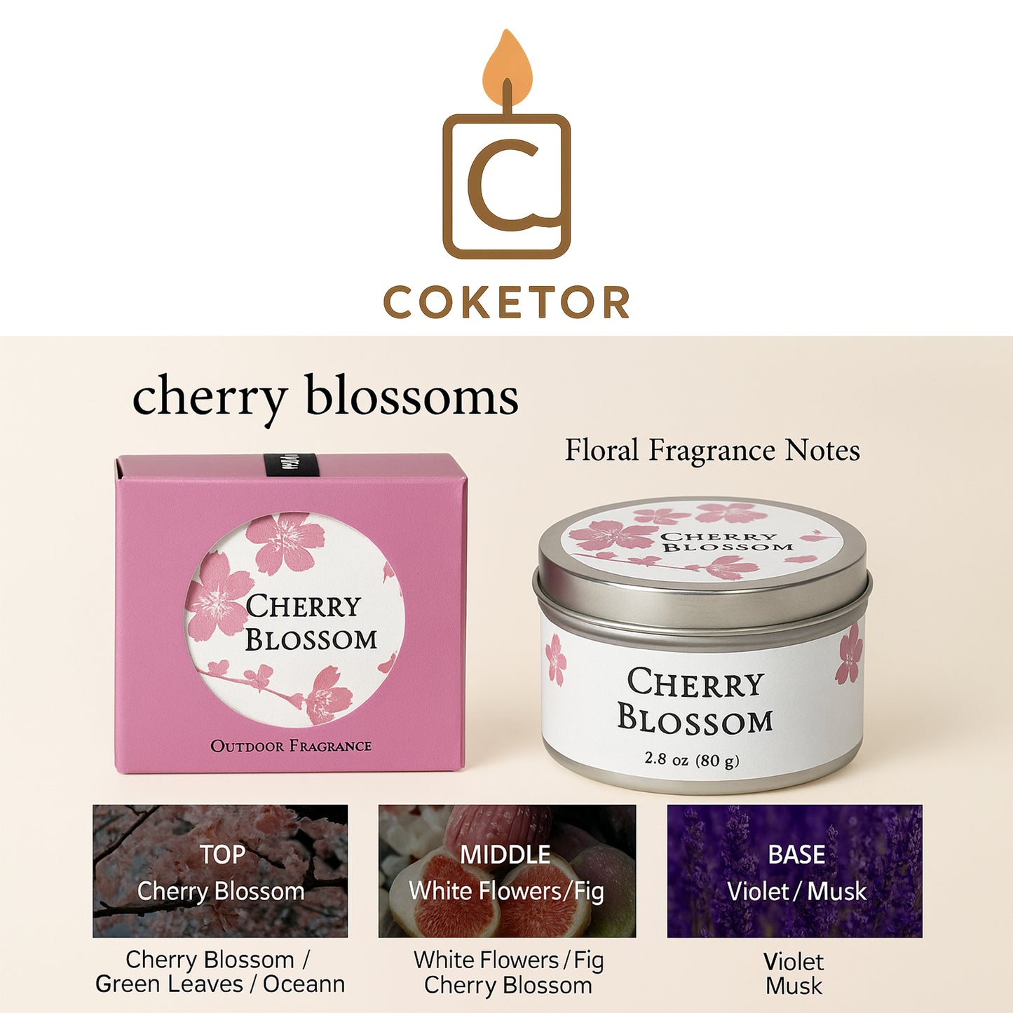 🌸  Cherry Blossom Scented Candle - 2.8 oz Floral Fragrance Notes COKETOR