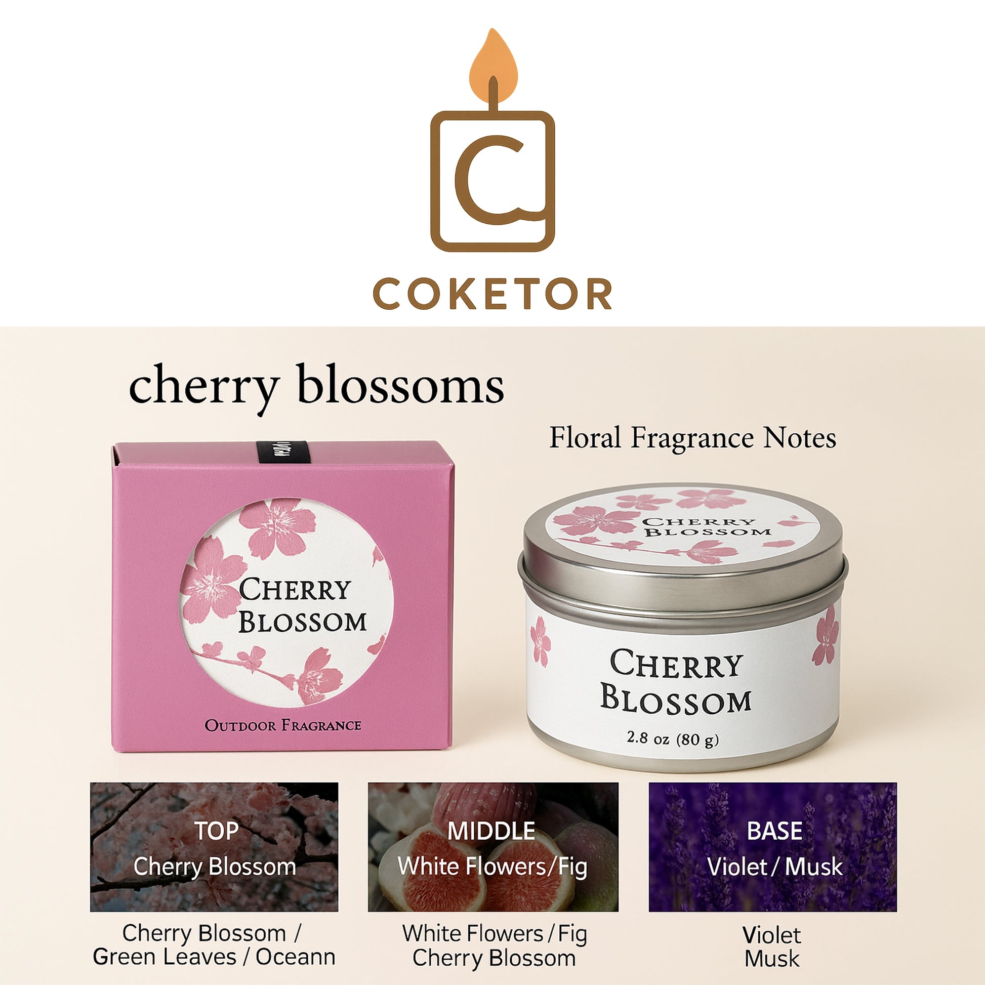 🌸  Cherry Blossom Scented Candle - 2.8 oz Floral Fragrance Notes COKETOR