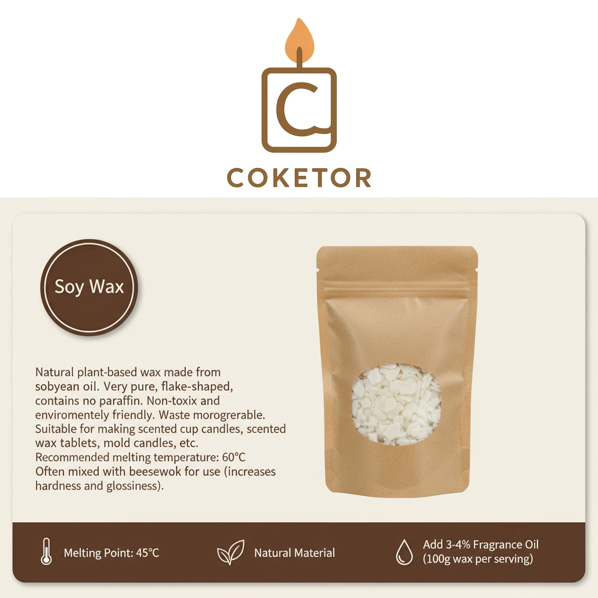 Soy Wax Flakes - Premium Natural Candle Making Wax (500g) Coketor