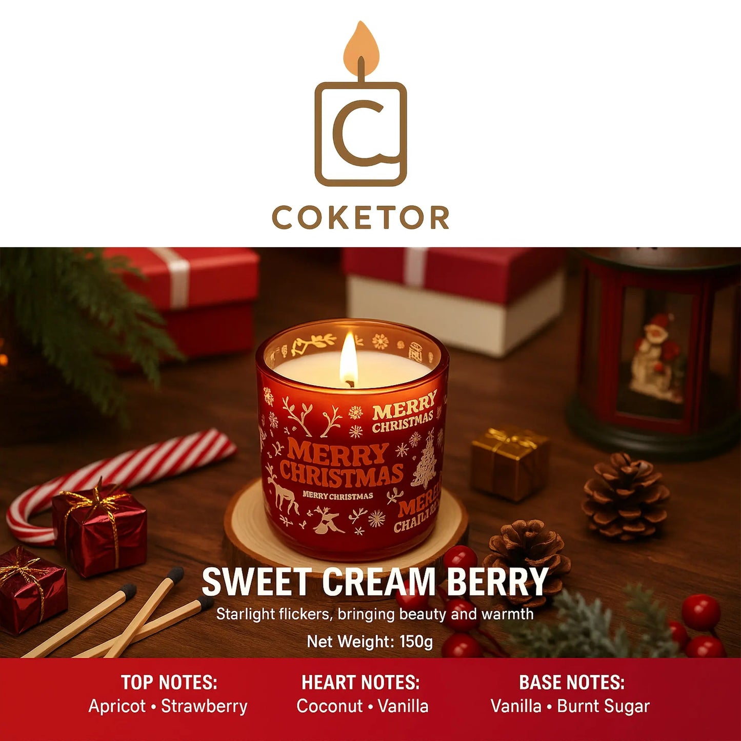 Coketor Christmas Limited Edition Aromatherapy Candles - Christmas Berry & Sweet Cream Berry Holiday Gift Set 150g Coketor