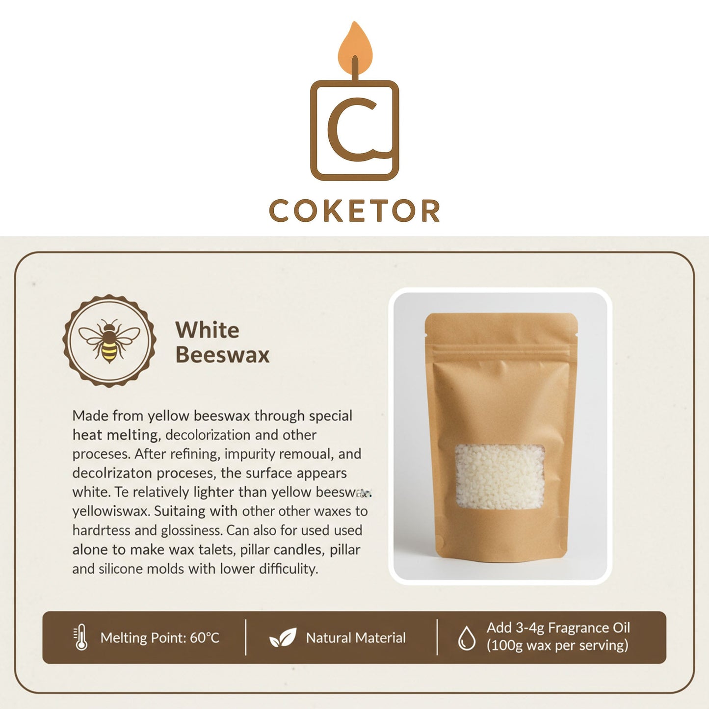 White Beeswax - Premium Natural Candle Making Wax (500g) Coketor