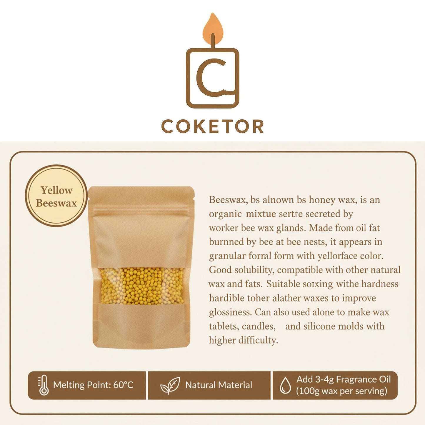 Yellow Beeswax - Premium Natural Candle Making Wax (500g) Coketor