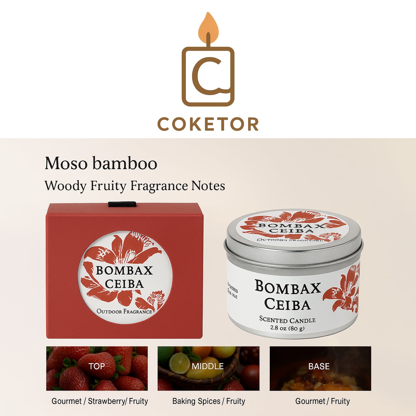🌺 Moso Bamboo Scented Candle - 2.8 oz Woody Fruity Fragrance COKETOR